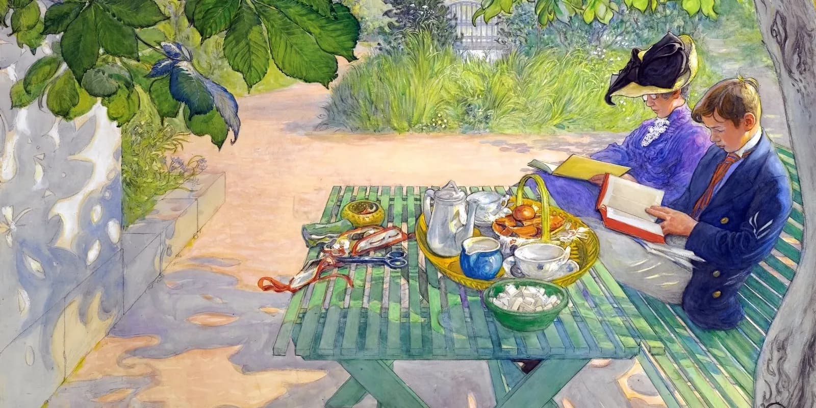 Dos personas leen libros junto a una mesa en un jardín, en una pintura de Carl Larsson