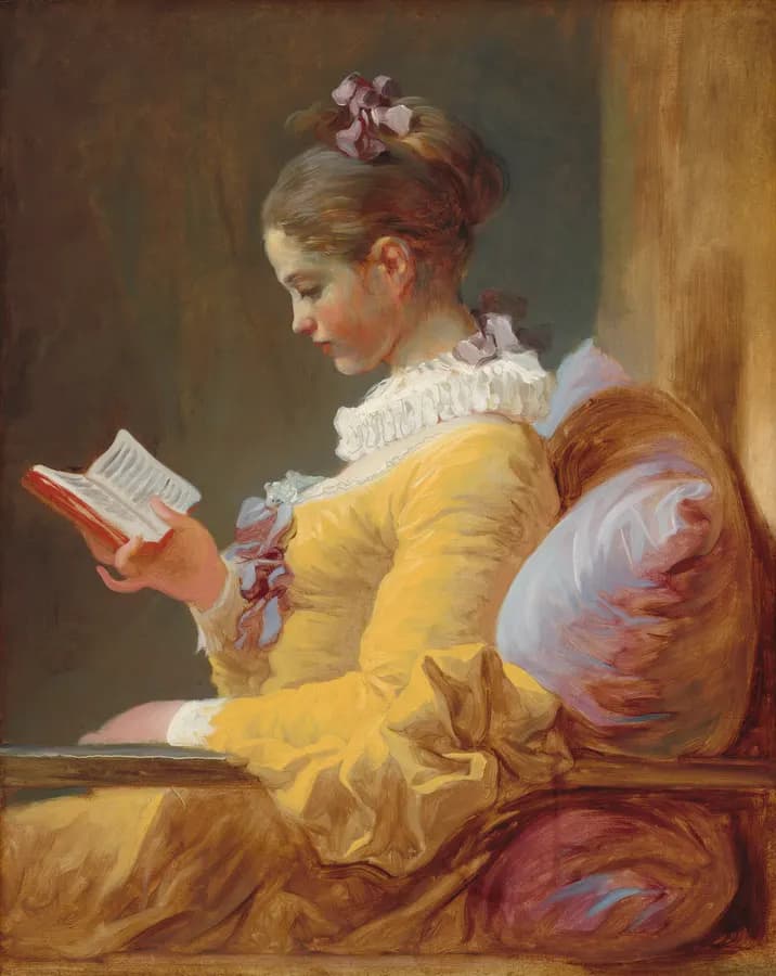 Una joven con vestido amarillo sostiene un libro abierto, pintada por Jean-Honoré Fragonard