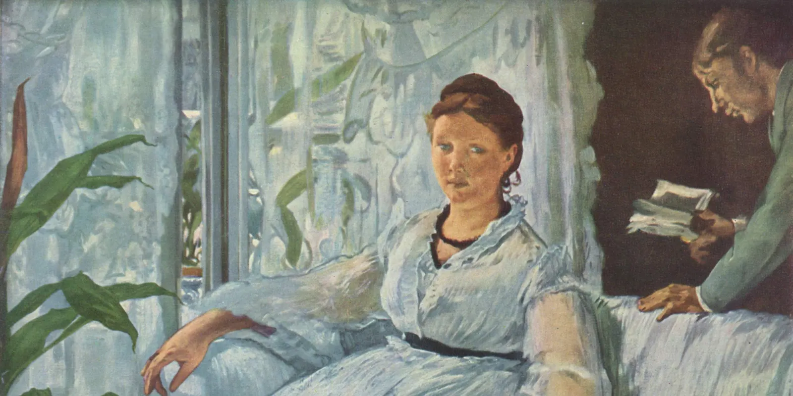 Uma mulher sentada e um jovem lendo em uma pintura de Édouard Manet