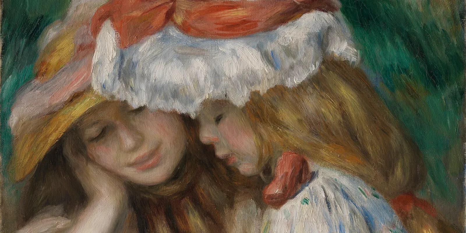Two girls sharing a book in a painting by Pierre-Auguste Renoir