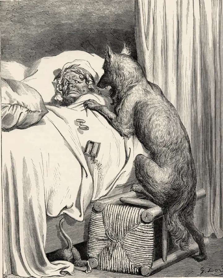 Gustave Doré illustration of the wolf beside the grandmother's bed in Little Red Riding Hood