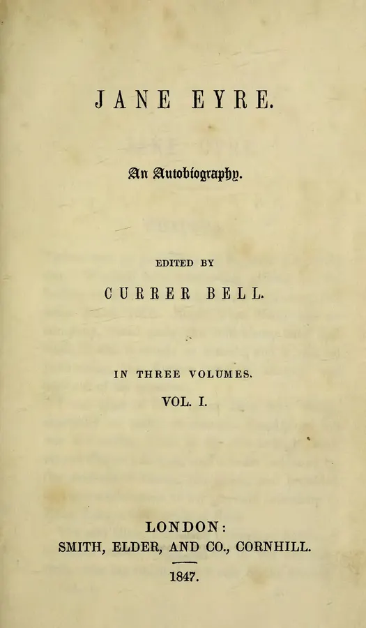 Portada tipográfica de la primera edición de Jane Eyre con el nombre de Currer Bell