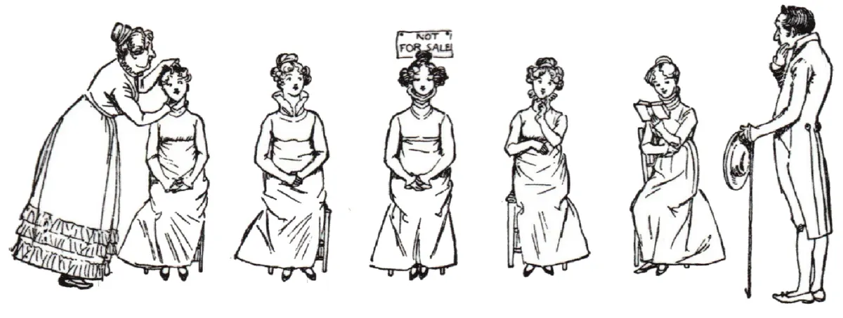 Caricature de Hugh Thomson montrant les filles Bennet alignées devant Mr Collins, avec une pancarte Not for sale