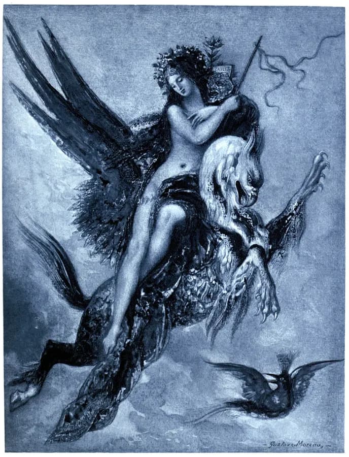 A woman holding a book rides a winged creature in Gustave Moreau's frontispiece for La Fontaine's fables