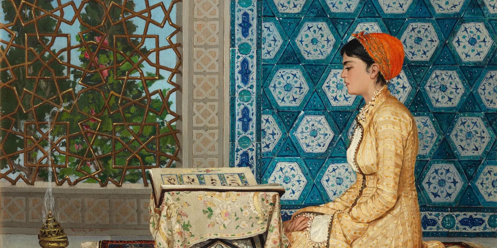 Una giovane legge un libro aperto nel dipinto di Osman Hamdi Bey del 1880