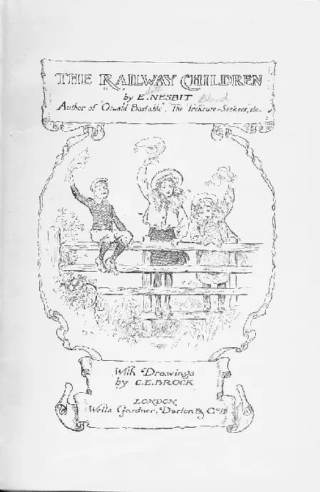 Frontespizio di The Railway Children con il nome E. Nesbit e un disegno di tre bambini