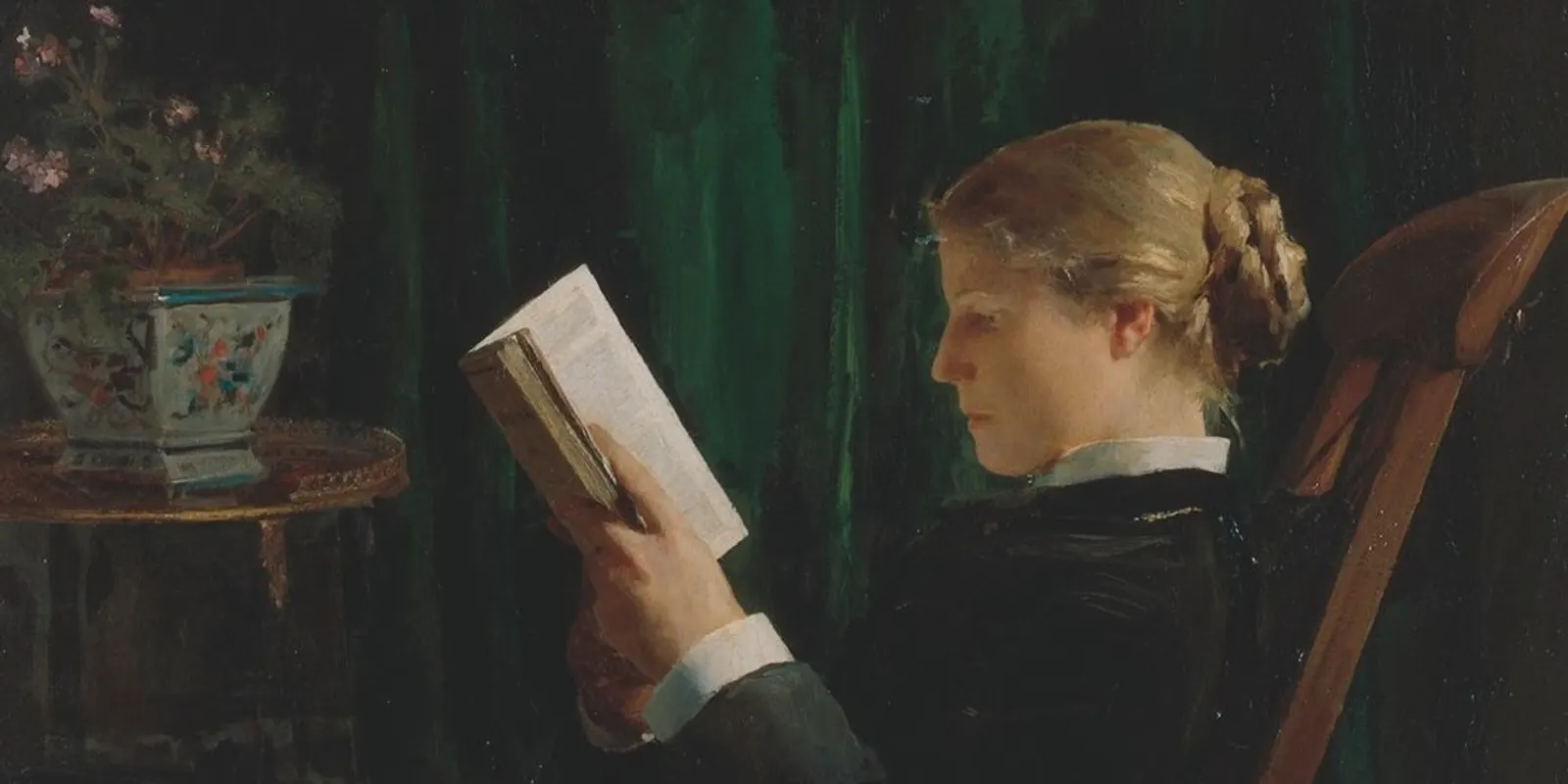 Une jeune femme lit un livre dans un fauteuil, peinture d'Albert Anker