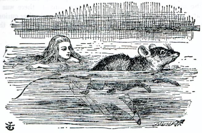 Alice e il topo nuotano nella pozza di lacrime, in un'illustrazione di John Tenniel