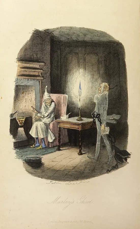 Ilustración del fantasma de Marley apareciéndose a Scrooge, de John Leech