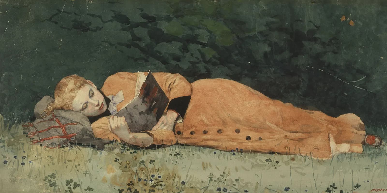 Eine Frau liest im Gras ein Buch, gemalt von Winslow Homer
