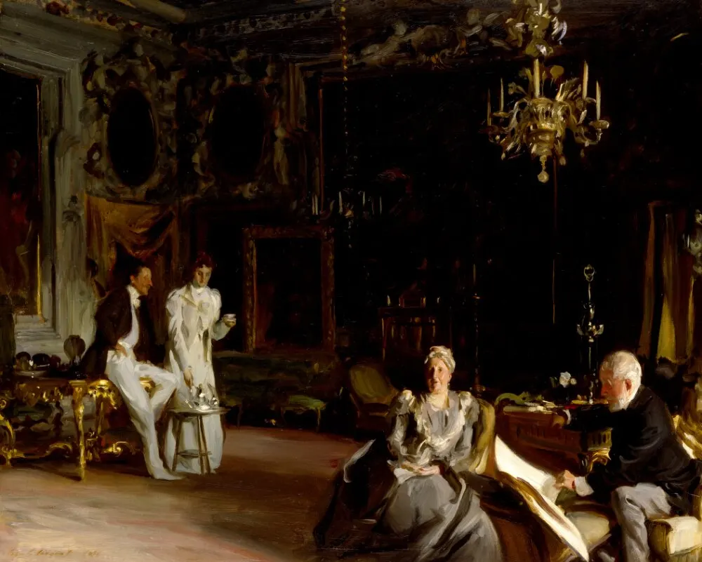 Vier Personen zwischen Möbeln und Vorhängen in einem venezianischen Salon, gemalt von John Singer Sargent