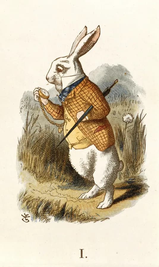 Le Lapin blanc de John Tenniel, en veste et tenant une montre