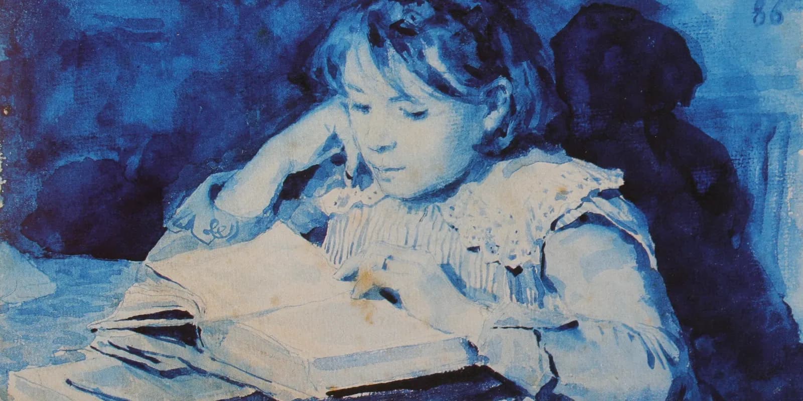 Cécile Anker lee un libro abierto en una pintura azul de Albert Anker