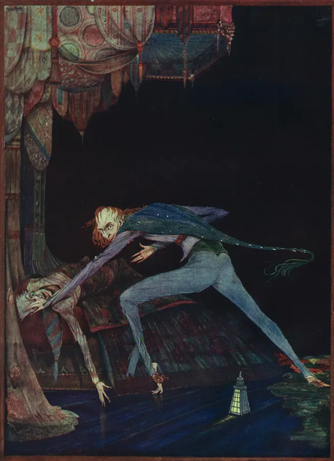 Ilustração de Harry Clarke para O coração delator, com o narrador junto à cama