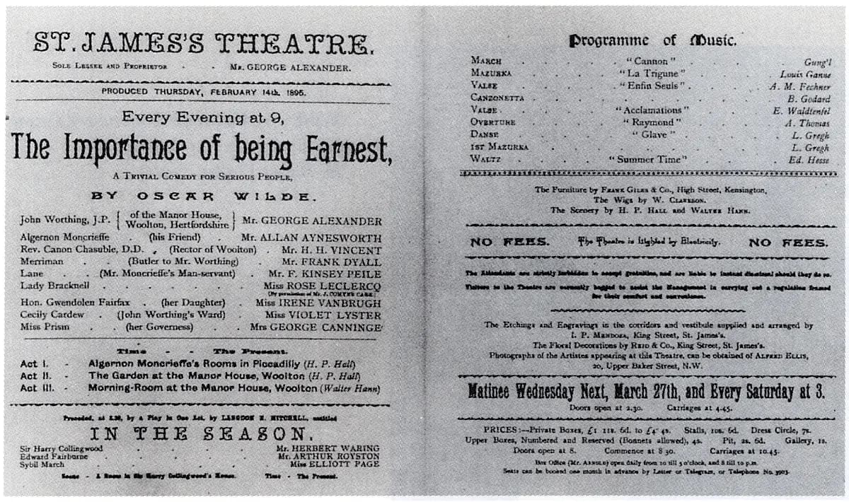 Programme de 1895 annonçant The Importance of Being Earnest d'Oscar Wilde