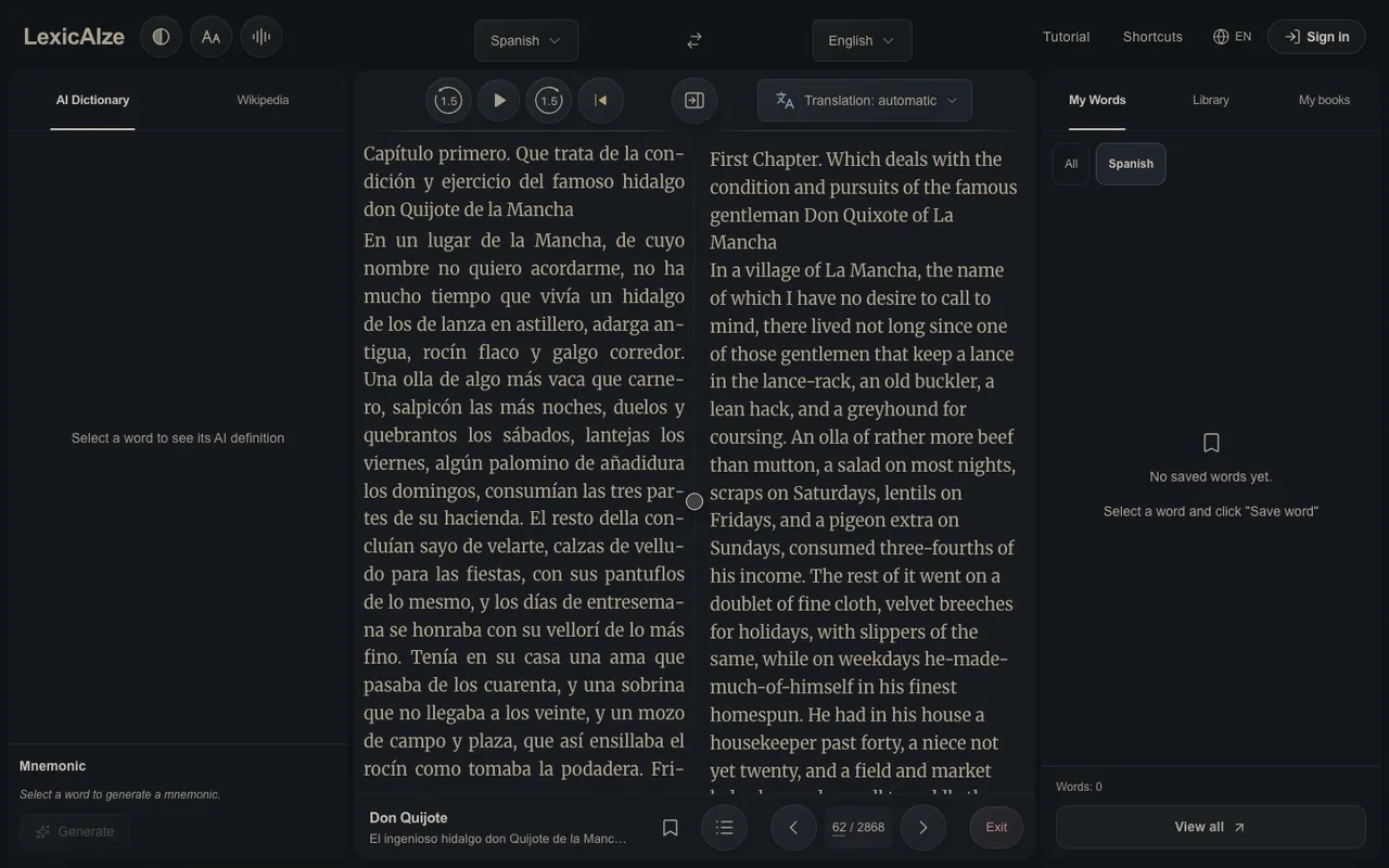LexicAIze-Demo: zweisprachiges Lesen, Audio mit markierten Wörtern und KI-Wörterbuch
