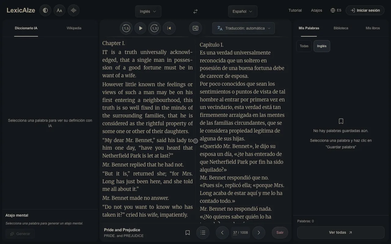 Demostración de LexicAIze: lectura bilingüe, audio con resaltado de palabras y diccionario con IA
