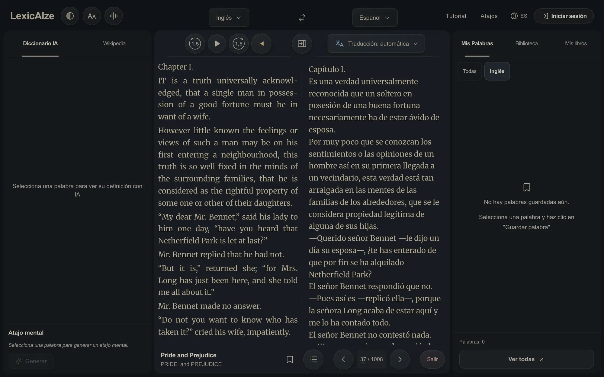 Lectura bilingüe con el original y la traducción en dos columnas
