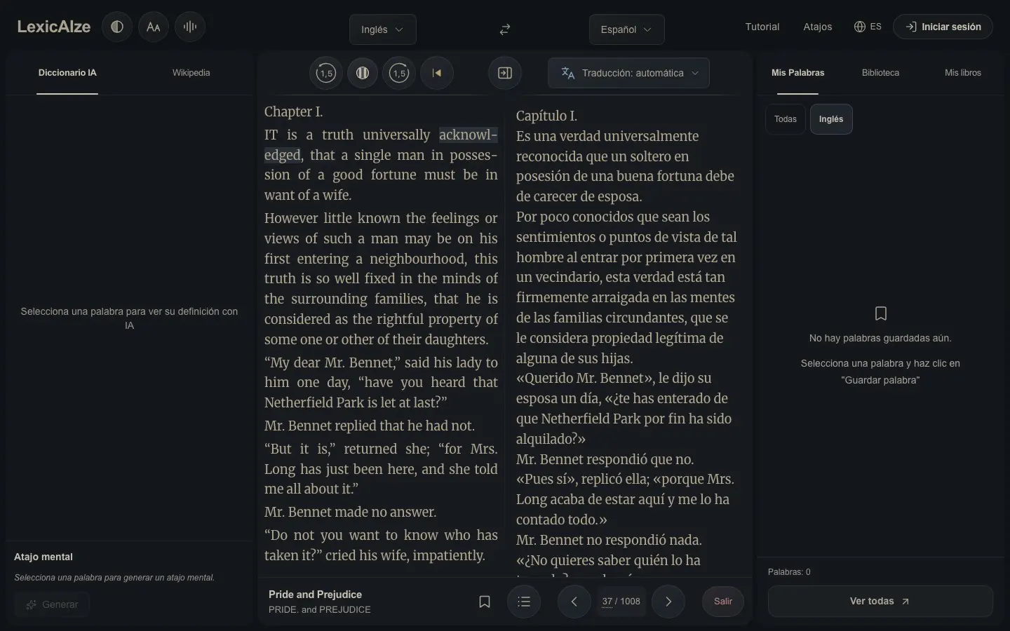 Audiolibro con la palabra que se está leyendo resaltada
